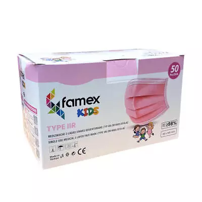 Famex Childrens Pink Face Mask Type IIR - Box Of 50 | Expiry 30.12.2023 • £0.99