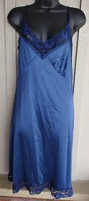 Vintage 70s Smart Fit Full Slip Dress Navy Blue 34 Nylon Lace Silky  • $17.95