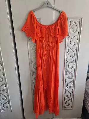 Nasty Gal Coral Orange Lace Detail Dress Hi/Low Hem Size S (best Fit 10) • £4.50
