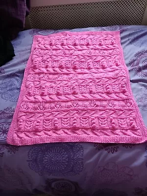 New Hand Knit Pink Sampler Pram/Cot Blanket Please See Description And Photos • £12.95