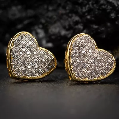 Women's Yellow Gold 925 Sterling Silver Micro Pave Cz Heart Stud Earrings • $27.99