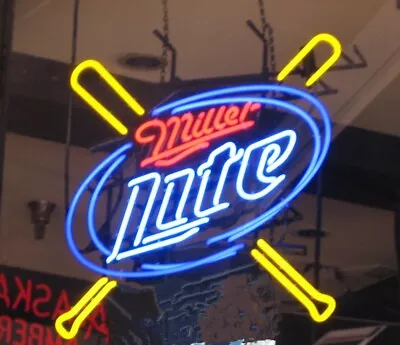 New Miller Lite Baseball Bats Neon Light Sign 20 X16  Lamp Beer Bar Wall Decor • $146.57