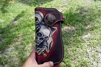 Custom Leather Biker Wallet Chain Skull Carved Wallet Personalized Gift X47 • $299.99