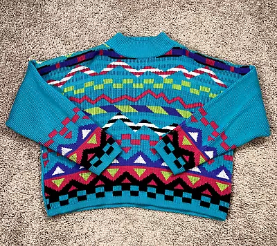 Vintage Gitano Sweater Womens Large Blue Colorful Knit Pullover Retro Funky Crop • $34.77