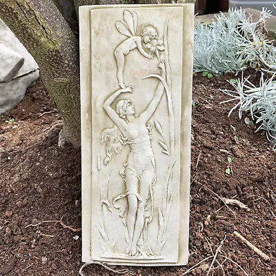 Stone Nymph And Cherub Wall Plaque Angel Garden Statue Ornament Fairy Sculpture • £24