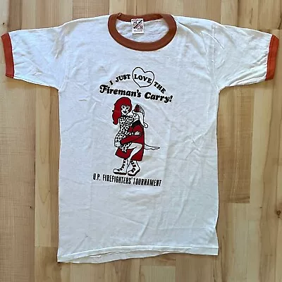 Vintage 80s Fireman's Carry Firefighter Party Love Ringer Medium Shirt RARE • $37.86