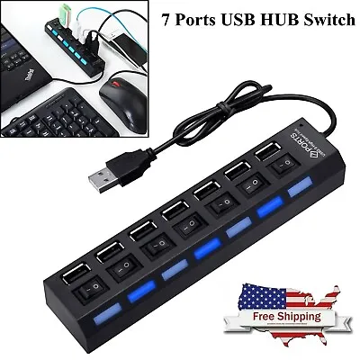 7-Port USB 2.0 Multi Hub + High Speed Adapter ON/OFF Switch For Laptop PC Mouse • $8.99