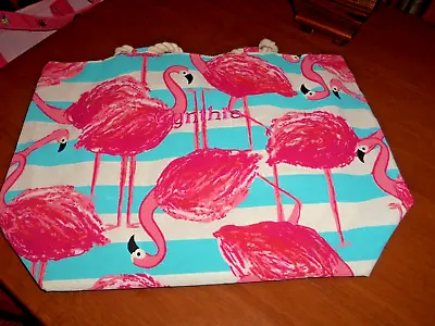 Mud Pie Flamingo Monogrammed  Cynthia  Beach Tote Bag Hot Pink /Blue White Rope • $19.99