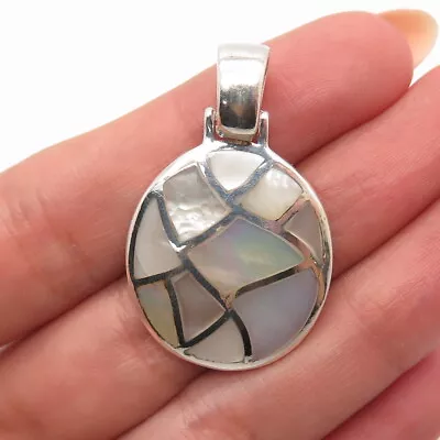 925 Sterling Silver Vintage Real Mother-of-Pearl Round Pendant • $38.99