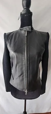 $75 • Buy Elements By Vakko Vintage Leather Front Ribbed Wool Texture Zip Up Jacket Small 