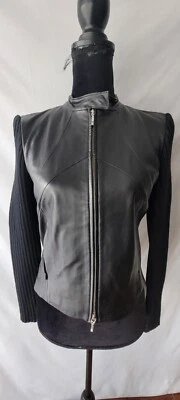 $75 • Buy Elements By Vakko Vintage Leather Front Ribbed Wool Texture Zip Up Jacket Small 