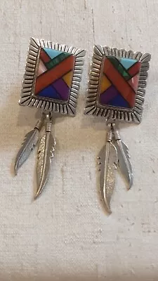 Native American Multi Stone Inlay Rectangular Stud With Feather Drop Earrings QT • £45