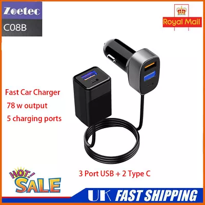 78W Fast Car Charger 3 Port USB + 2 Type C 1.5m Dual Adapter For IPhone Samsung • £11.99