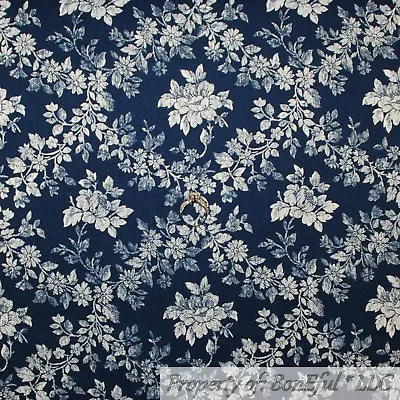 BonEful FABRIC FQ Cotton Quilt VTG Navy Blue Cream Rose Flower Leaf Toile Damask • $5.25