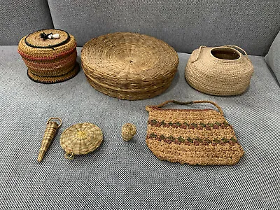 Unknown Age Lot Of 7 Basket Weave Woven Items Baskets Miniatures Vase Purse • $115