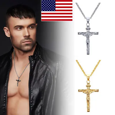 Mens Jewelry Stainless Steel Crucifix Jesus Cross Pendant Necklace Chain US • $1.79