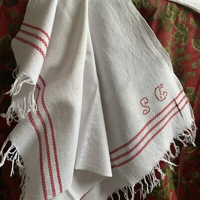 £5.50 • Buy Antique French GUEST TOWEL Cotton Nid D’abeille Circa 1900