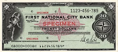 Citicorp First National Bank Travellers Check Specimen $20 Scarce • $28.95