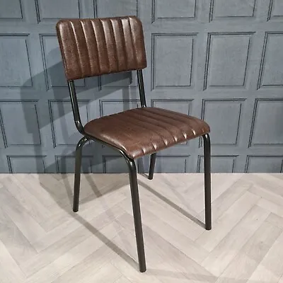 Vintage Industrial Dining Chairs Brown Leather Look Ribbed Metal Stackable Cafe • £89