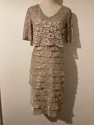 M&S Light Gold Tiered Shimmer Dress Lace Top Size 10 Wedding Occasion MOB • £17.75