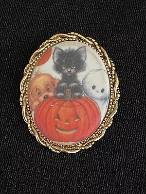 Vintage Black Cat Ghost Halloween Image Pendant Brooch Pin Jewelry Costume • $9.99