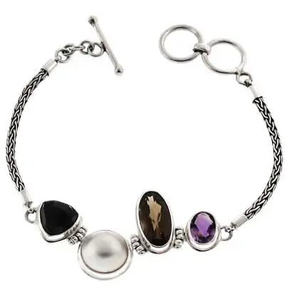 925 Sterling Silver Amethyst Smokey Quartz Onyx Mabe Pearl Sterling Bracelet • $59.95