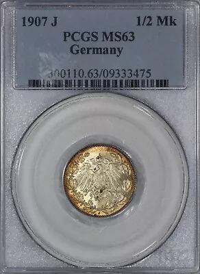 1907-J Germany Empire 1/2 Mark Coin PCGS MS63 J.16 • $55