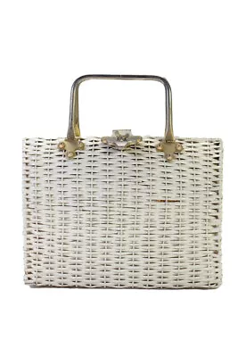 Koret White Womens Metal Handle Key Turnlock Vintage Wicker Handbag White LL19LL • $19.99