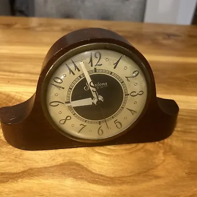 Vintage Session Mantle Clock WORKS Cord Art Deco Dark Wood Beige Dial • $34.99