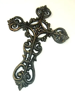 Metal Wall Cross Rustic Black Gold Distressed Ornate Religious Home Decor 8.5  • $16.95