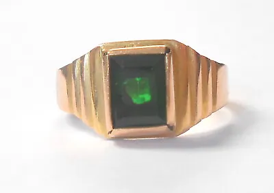 Vintage 8x6mm Emerald Green Glass 14K Yellow Gold Wide Mens Ring Size 10.5 • $349