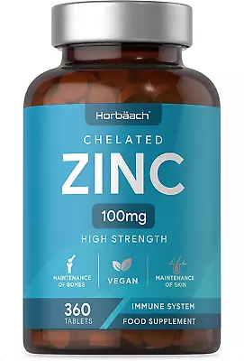 Chelated Zinc Supplement 100mg | 360 Vegan Tablets | High Strength Zinc | For | • £11.16