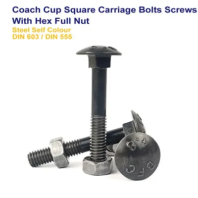 M12 X 75mm COACH CUP SQUARE CARRIAGE BOLTS SCREWS HEX NUT STEEL DIN 603/555 • £2.59