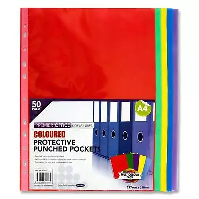 Pack Of 50 A4 Punched Pockets / Wallets / Sleeves For Filing Coloured  • £4.99