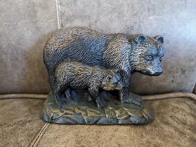 Vintage Cast Iron Door Stop Black Bear An Her Cub Heavy Iron Great Condition  • $49