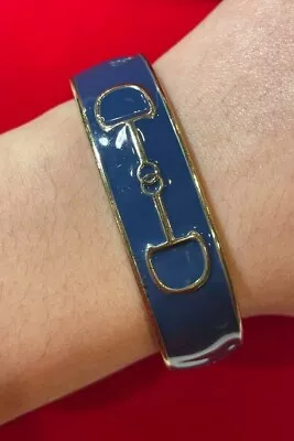 Fornash Blue Enamel Equestrian Horse Bit Bangle Bracelet Push In Clasp Gold Tone • £21.89