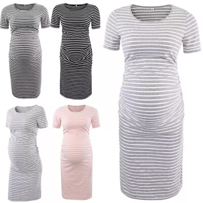 Maternity Dress Summer Pregnancy T Shirt Short Sleeve Crew Neck Clothes Midi • £13.99