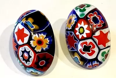 Vintage MILLEFIORI Clip Earrings  Domed ART GLASS Egg Shape 1940s • $14