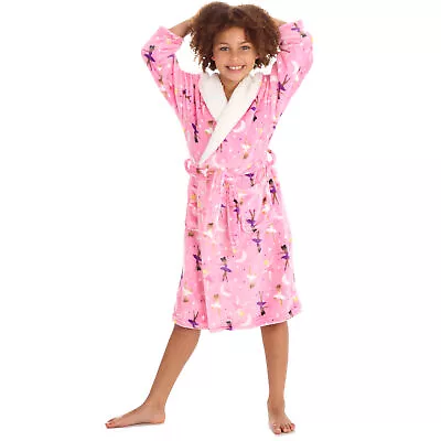 Girls Hooded Dressing Gowns Sherpa Hood Plush Fleece Robe Rainbow Unicorn Print • £14.99