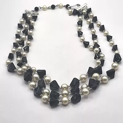 Vintage Beaded Necklace Black White  Simulated Pearl Multi Strand 13   • $16.99