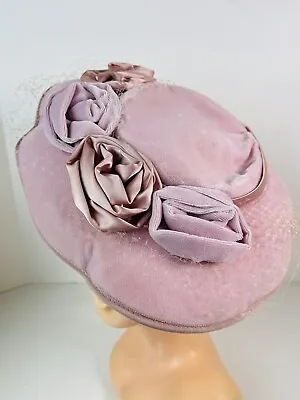 Vintage Pink Wide Brim Hat Church Derby Easter Spring Flowers Roses Velvet Hat • $70