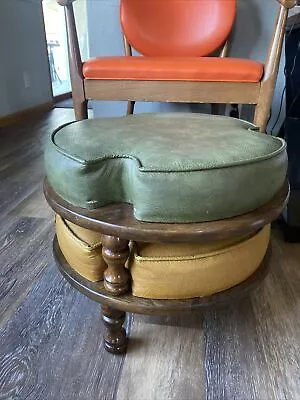 Vtg Stacking 13.5  Round Foot Stools 2 Pc Ottoman Green Gold Viny MCM • $75