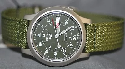 Seiko 5 Series Military Automatic Green Dial Green Canvas Strap Watch SNK805 • $169