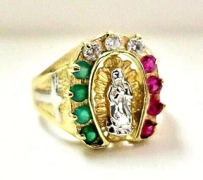 Gorgeous Solid 14K Yellow Gold Religious Signet RING W/ Stones Lady Of Guadalupe • $299.99