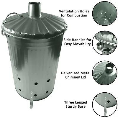 90L Garden Incinerator Large Steel Galvanised Metal Fire Bin Brazier Burner Bin • £21.99