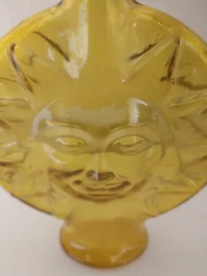 Vintage Yellow Sun Face Glass Bottle Bud Vase Celestial Design Bohemian  • $25.99