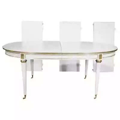 Manner Of Maison Jansen White Lacquer Bronze Mounted Dining Table 3 Leaves • $7605