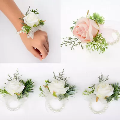 Women Lady Wedding Party Pearl Bracelet Bridesmaid Wrist Flower Rose Corsage New • £3.28