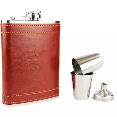 Hip Flask 8oz Stainless Steel Rust Leather Brown Flask - 2 Cups And Funnel • £8.99