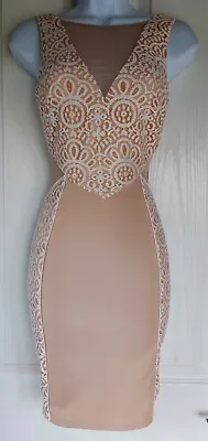 Womens Miss Selfridge Dress Size 10 Nude White Lace Pencil Sexy Occasion Vgc • £22